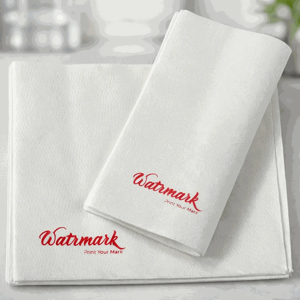 Watrmark logo printed on folded white airlaid napkins