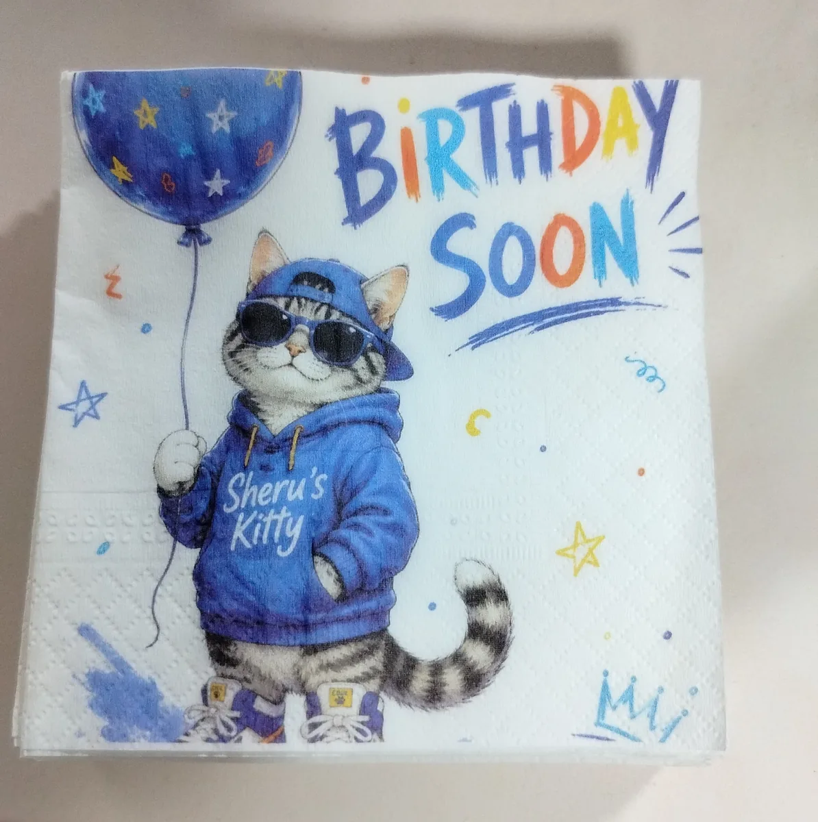 Custom printed 2-ply party tissue featuring a birthday cat illustration and colourful Birthday Soon lettering